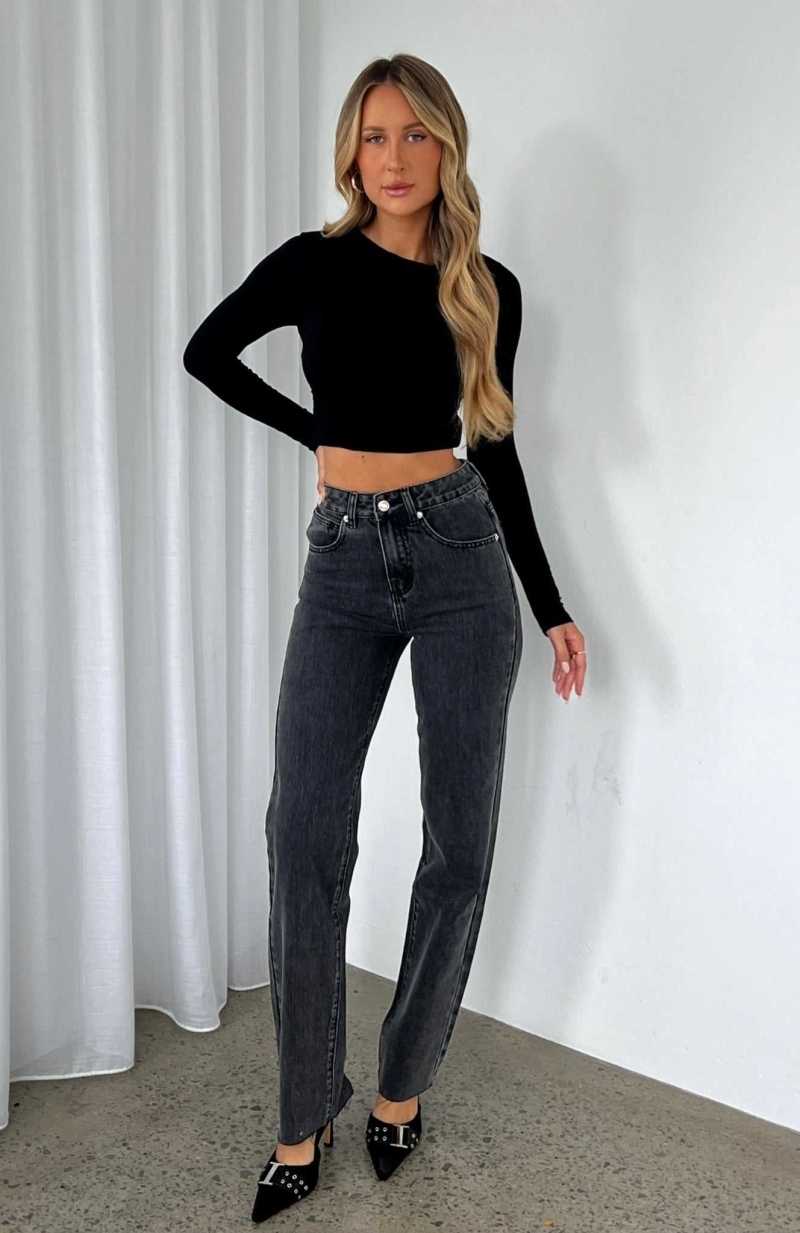 White Fox Jordyn High Waisted Straight Leg Jeans Washed Black | FHVIOZ-028