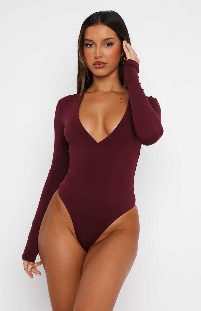 White Fox Just Be Yourself Long Sleeve Bodysuit Burgundy | XZUWIB-508