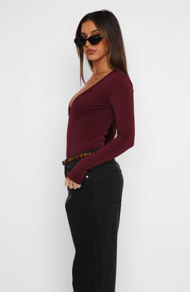 White Fox Just Be Yourself Long Sleeve Bodysuit Burgundy | XZUWIB-508