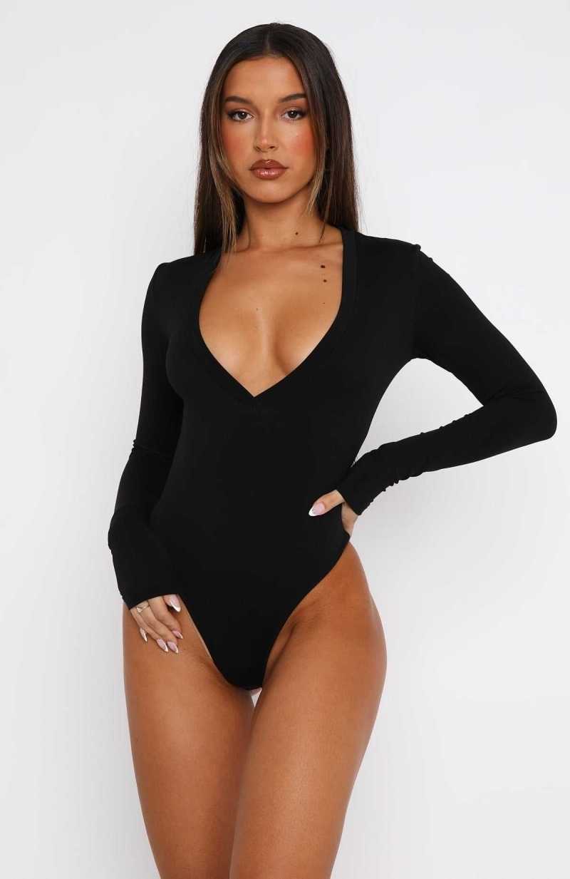 White Fox Just Be Yourself Long Sleeve Bodysuit Black | GJZEAD-496