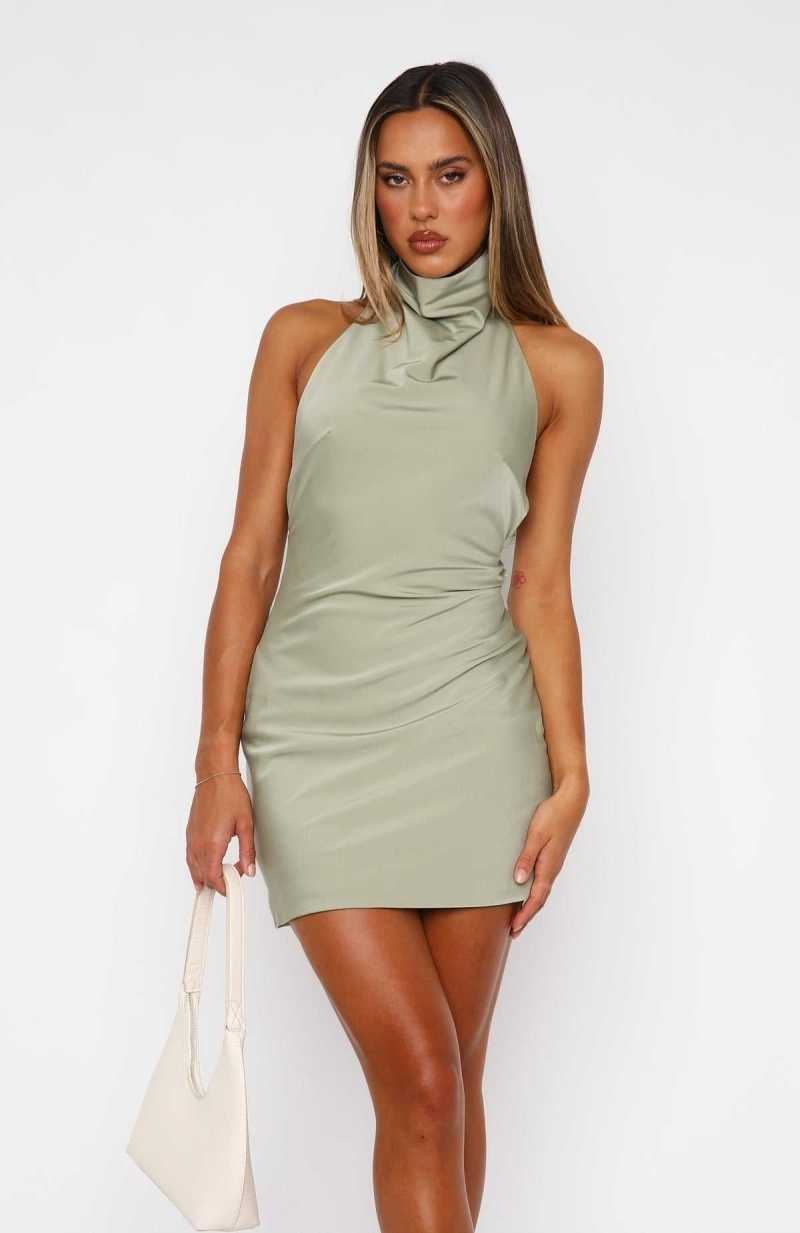 White Fox Just Small Talk Halter Mini Dress Sage | VBQMKW-092