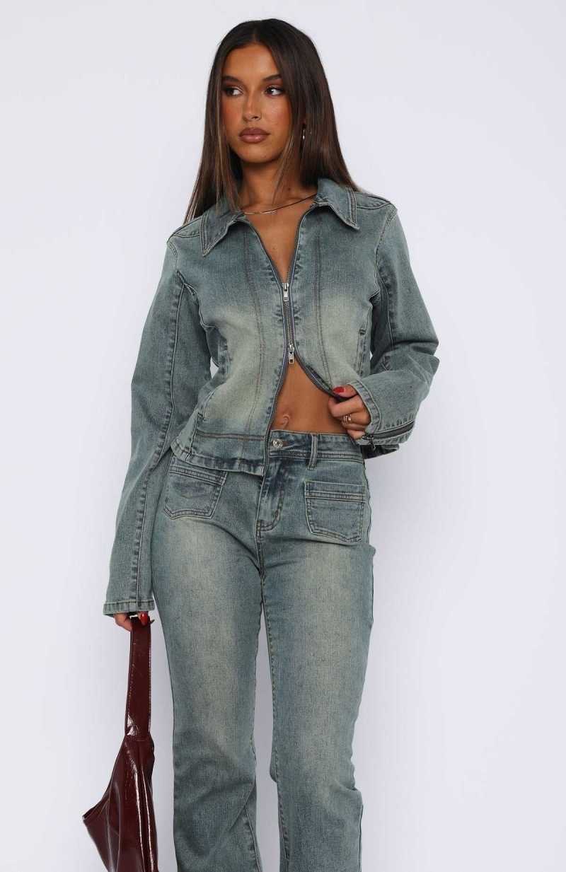 White Fox Kayla Denim Jacket Brown Blue Wash | KCQVOA-536