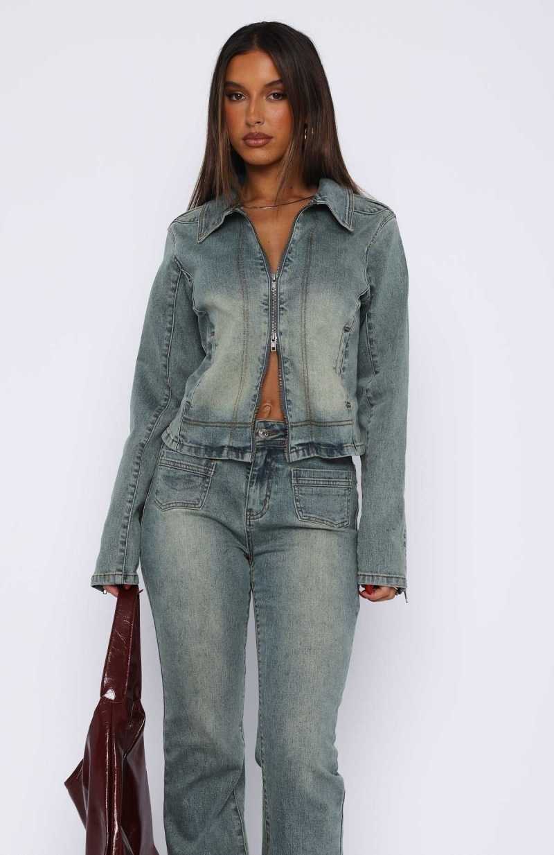 White Fox Kayla Denim Jacket Brown Blue Wash | KCQVOA-536