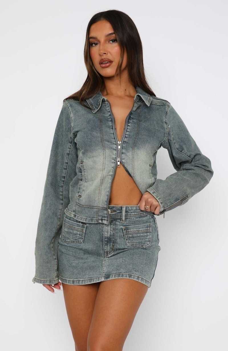 White Fox Kayla Denim Mini Skirt Brown Blue Wash | IXJRKN-896