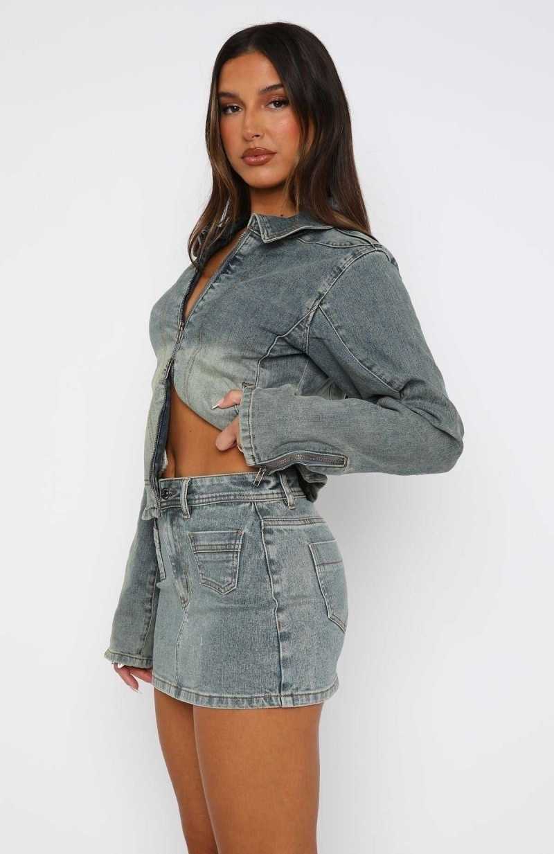 White Fox Kayla Denim Mini Skirt Brown Blue Wash | IXJRKN-896