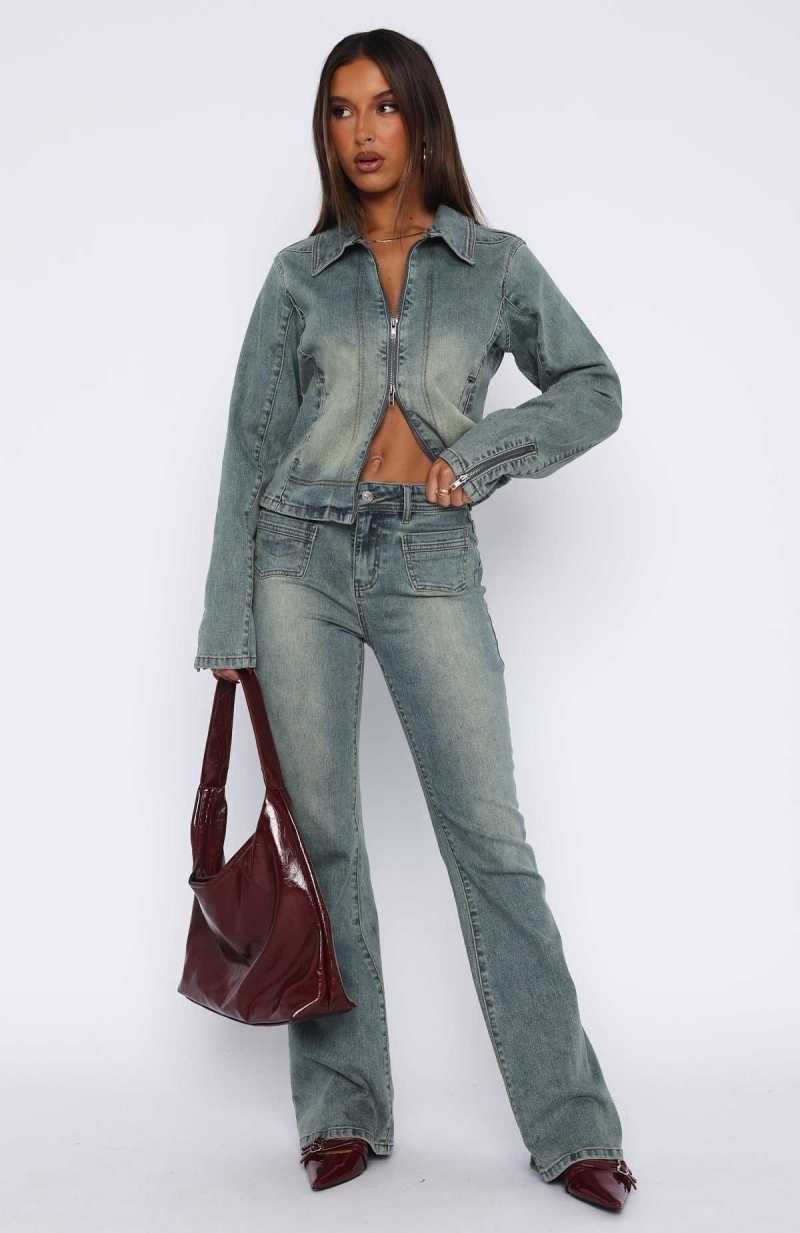 White Fox Kayla Mid Rise Flare Jeans Brown Blue Wash | ZUEHNL-237