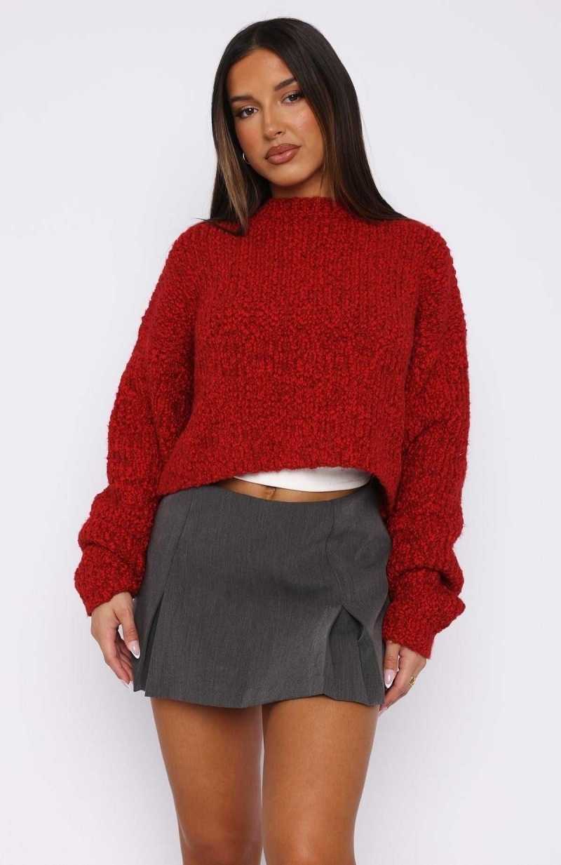 White Fox Leave Without Me Knit Sweater Red | NLMRXH-571