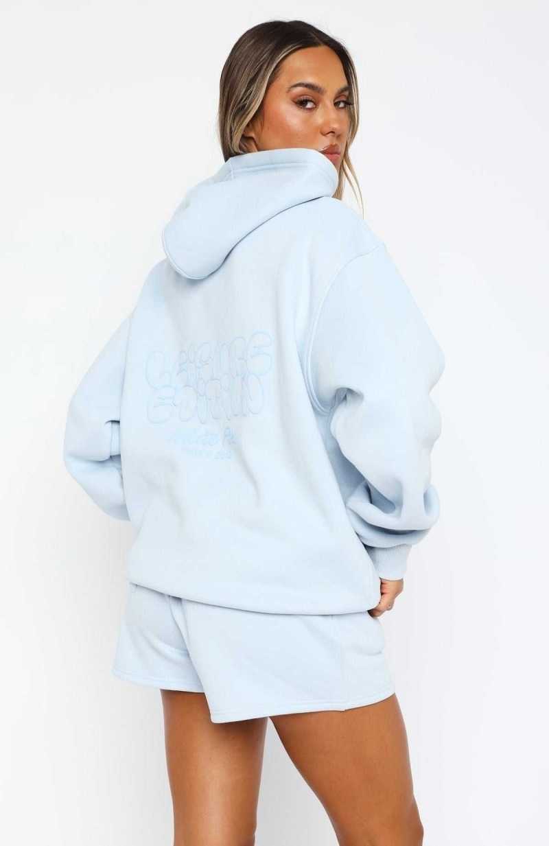 White Fox Leisure Edition Oversized Hoodie Baby Blue | BYQFUR-785