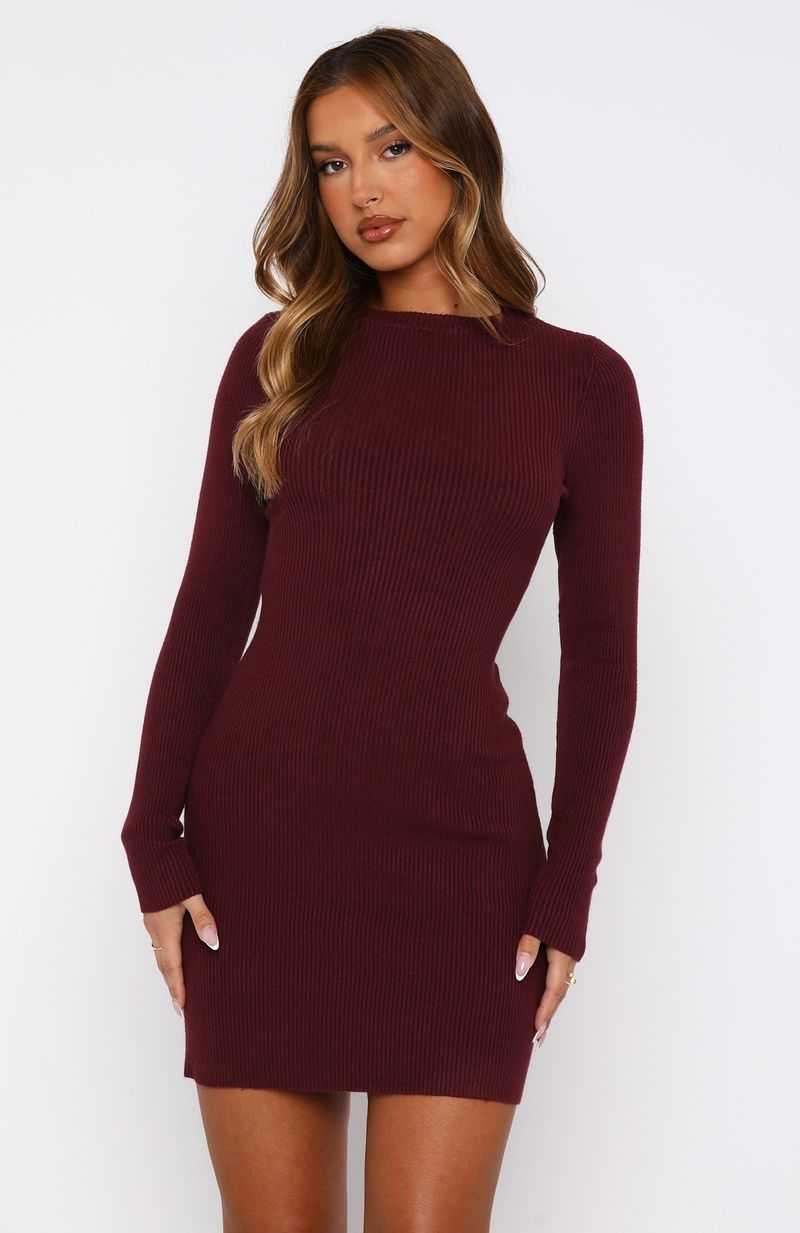 White Fox Let's Be Together Long Sleeve Mini Dress Dark Merlot | MEPIJO-095