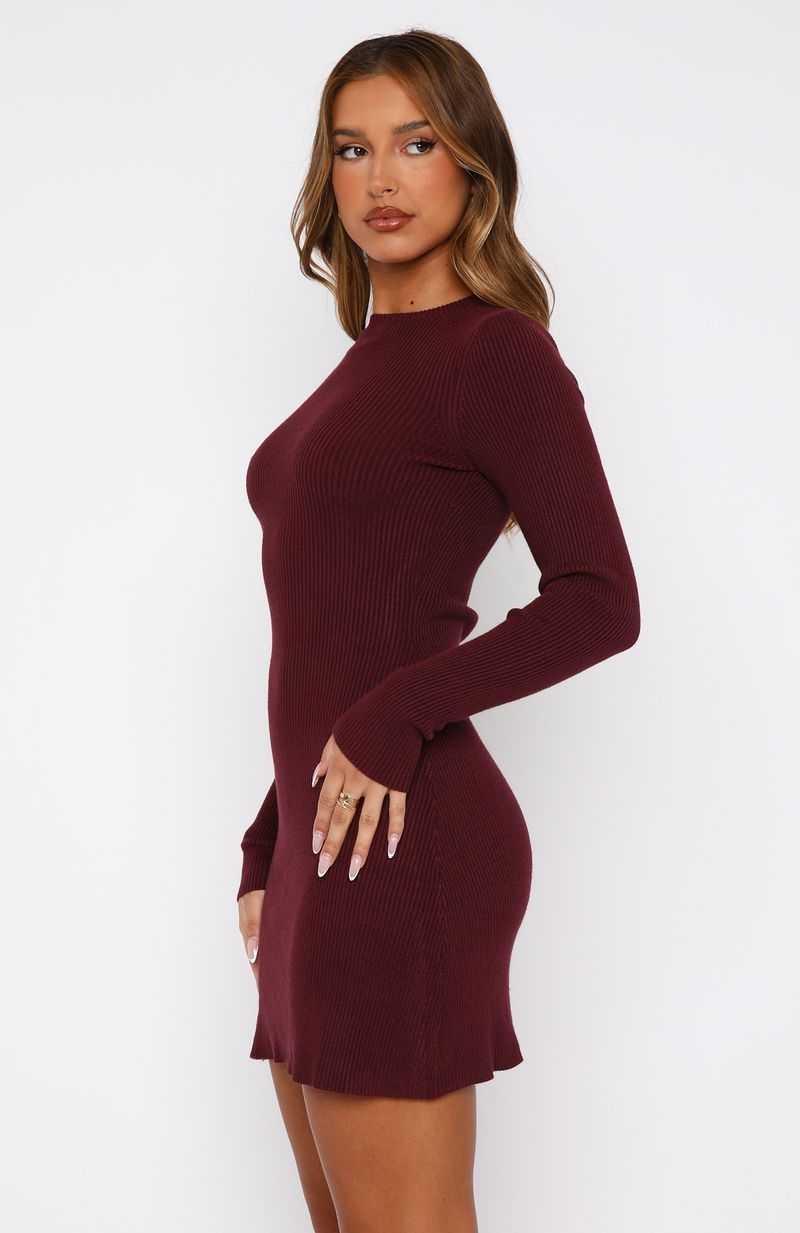 White Fox Let's Be Together Long Sleeve Mini Dress Dark Merlot | MEPIJO-095