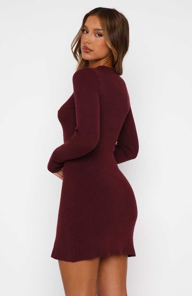 White Fox Let's Be Together Long Sleeve Mini Dress Dark Merlot | MEPIJO-095