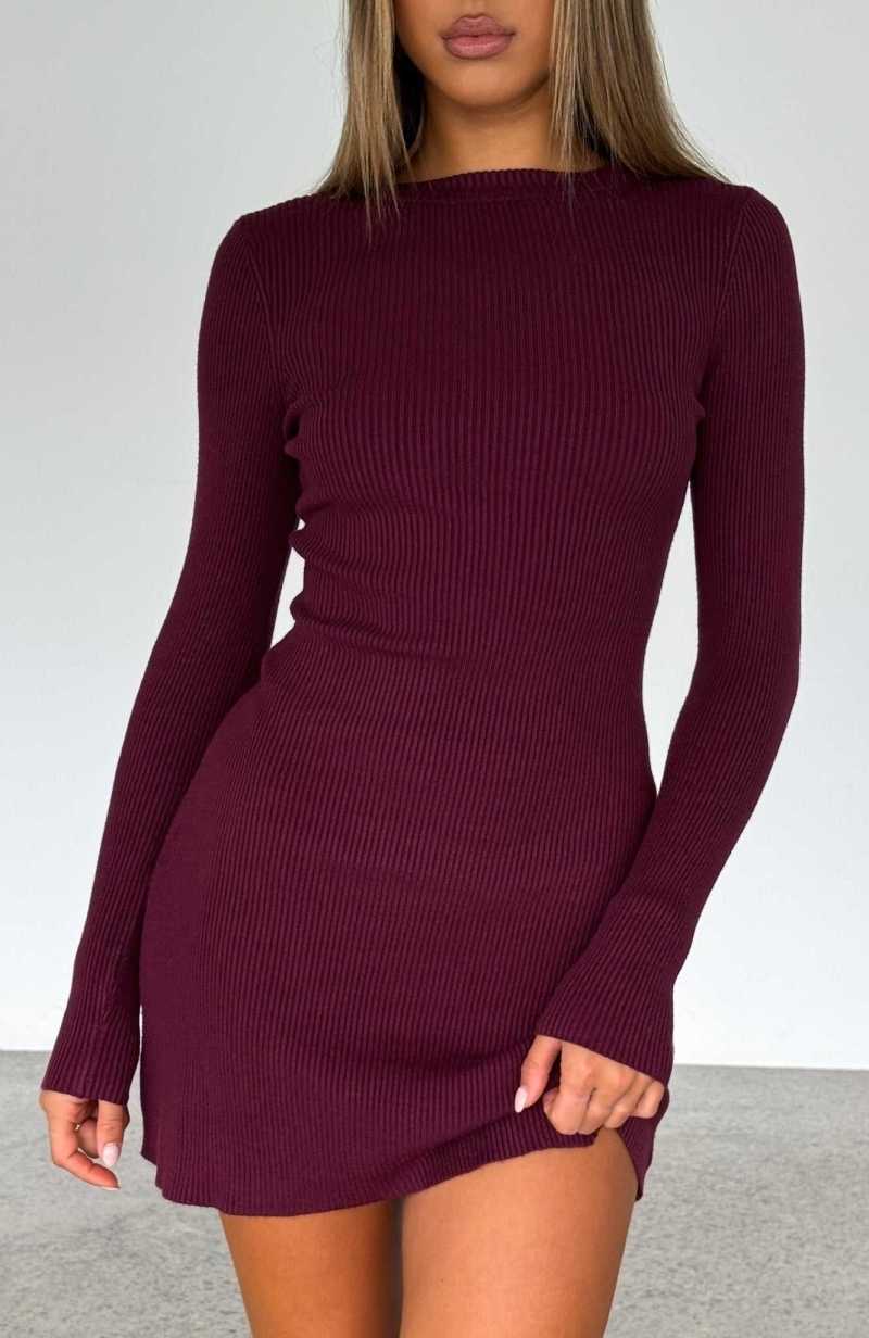 White Fox Let\'s Be Together Long Sleeve Mini Dress Dark Merlot | MEPIJO-095