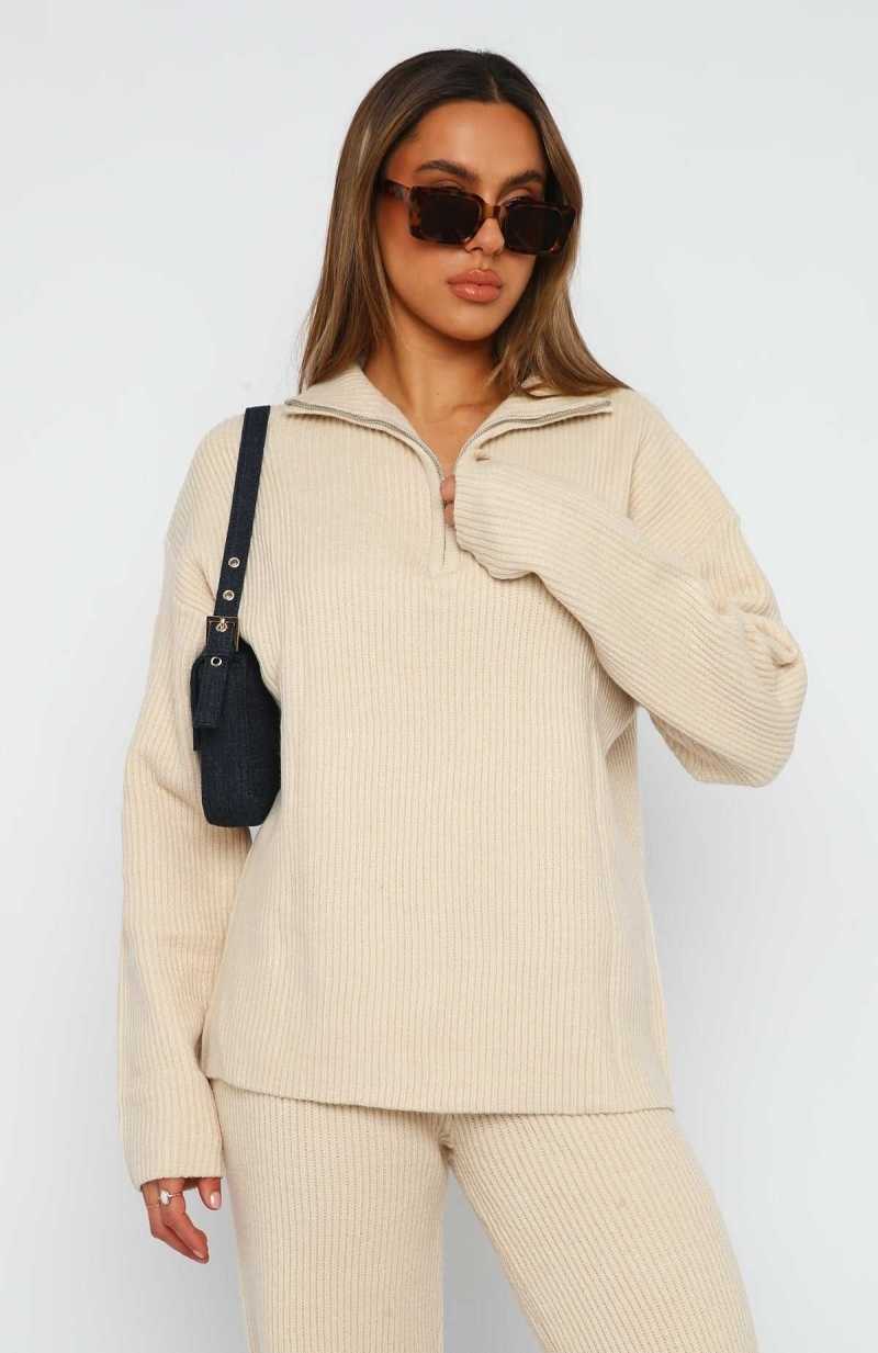 White Fox Let's Get Cosy Knit Sweater Beige | HRKBPA-862