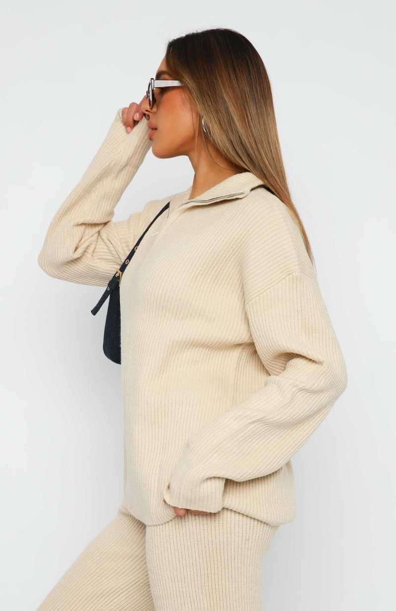 White Fox Let's Get Cosy Knit Sweater Beige | HRKBPA-862