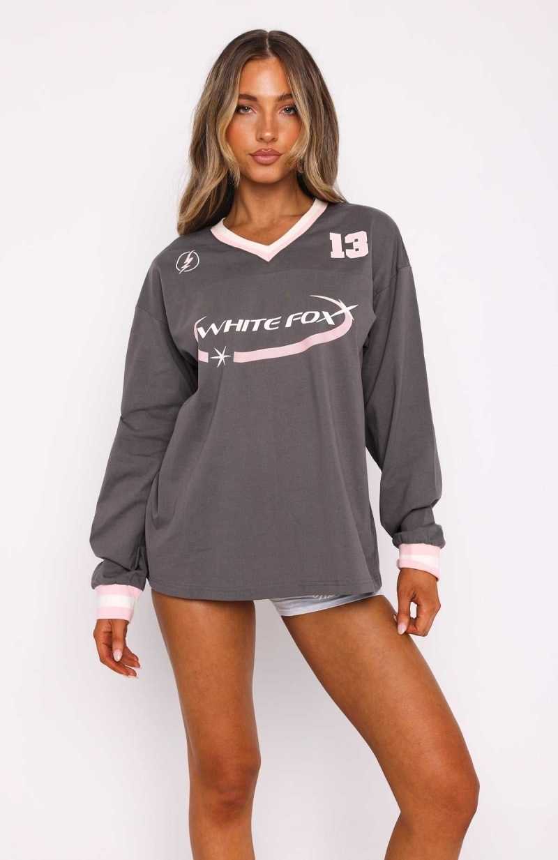 White Fox Let's Just Be Friends Long Sleeve Oversized Jersey Charcoal | ZSIGQW-145