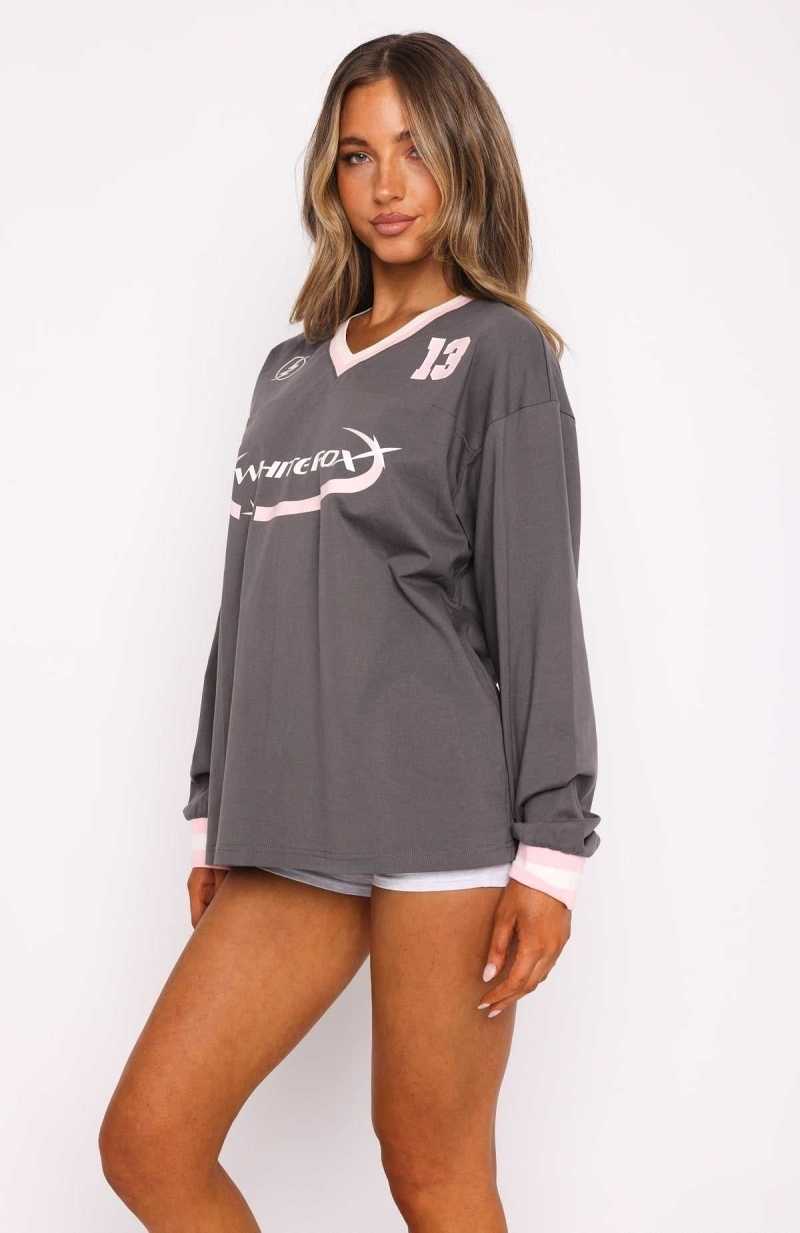 White Fox Let's Just Be Friends Long Sleeve Oversized Jersey Charcoal | ZSIGQW-145