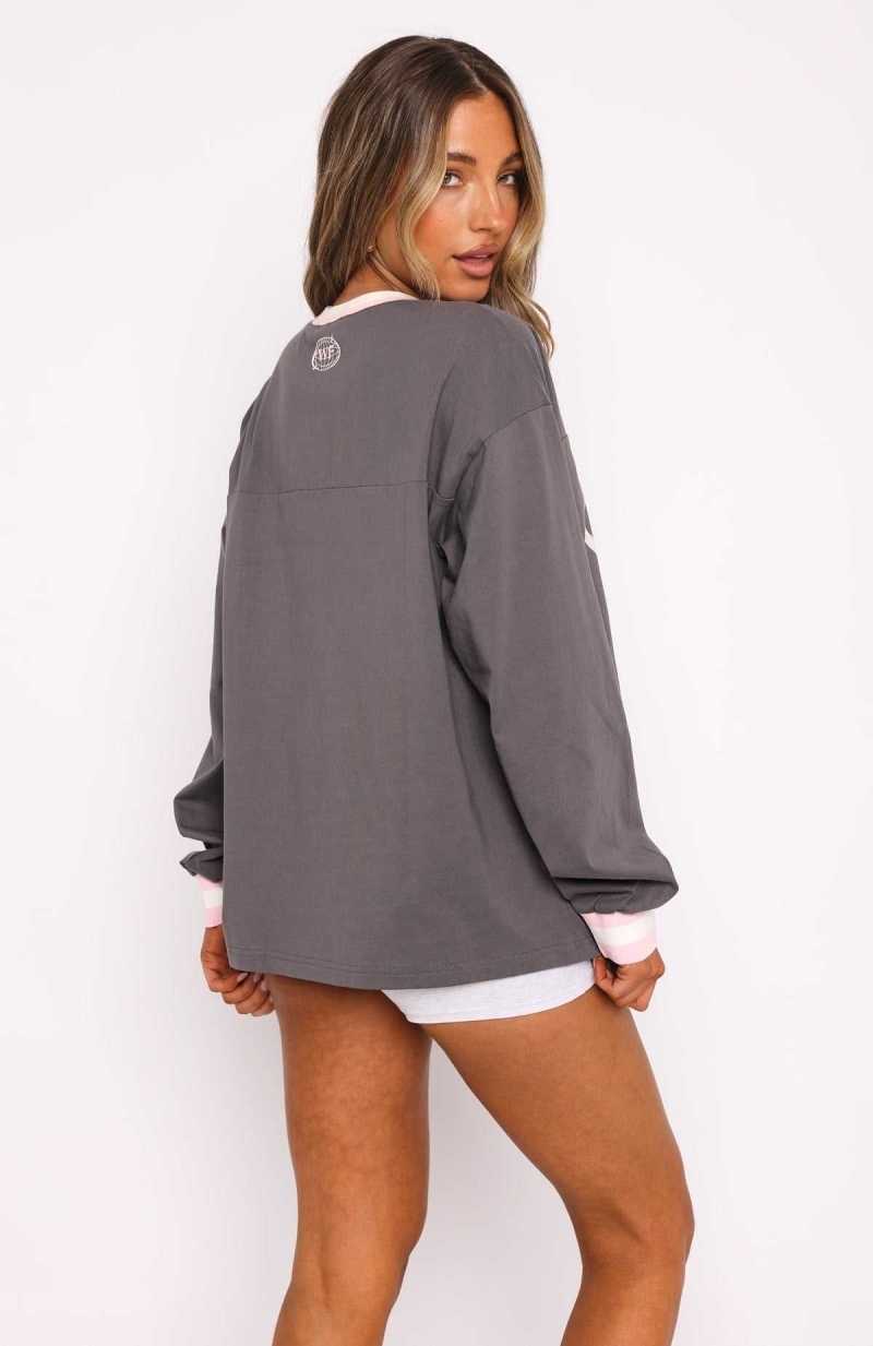 White Fox Let's Just Be Friends Long Sleeve Oversized Jersey Charcoal | ZSIGQW-145