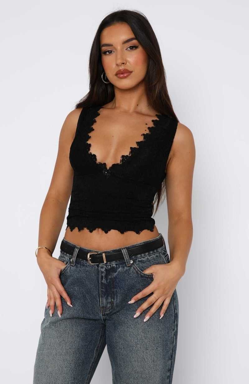 White Fox Let's Just Talk Lace Top Black | XOCBNE-057