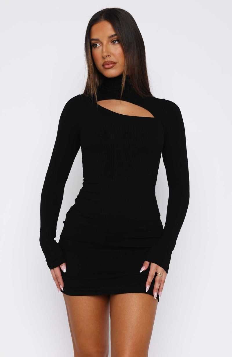 White Fox Light Up The Skies Long Sleeve Mini Dress Black | DBAVUM-734