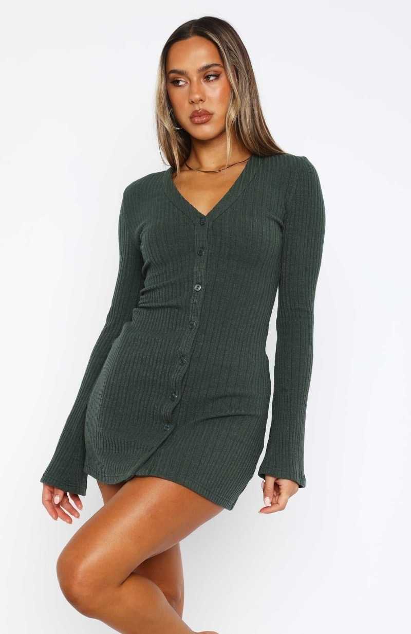 White Fox Live In The Moment Long Sleeve Mini Dress Dark Green | WRYQHX-982