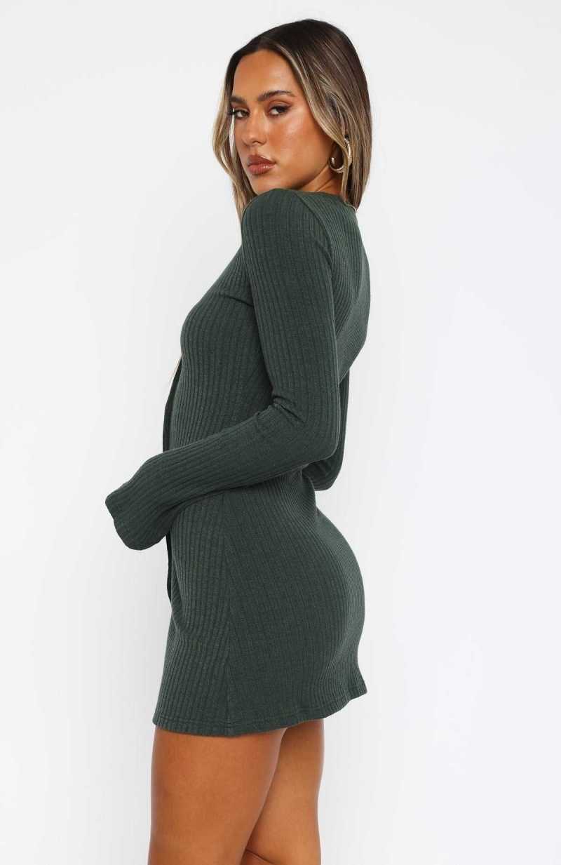 White Fox Live In The Moment Long Sleeve Mini Dress Dark Green | WRYQHX-982