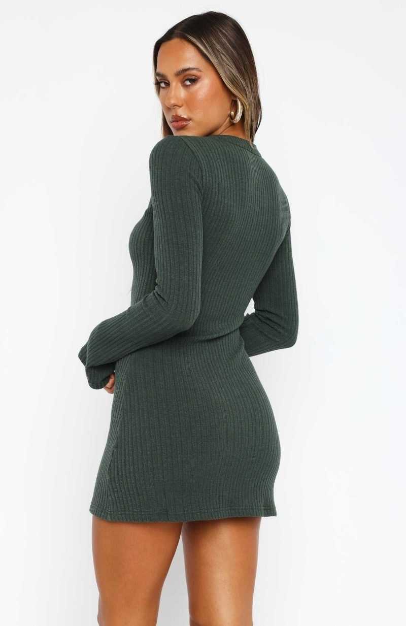 White Fox Live In The Moment Long Sleeve Mini Dress Dark Green | WRYQHX-982