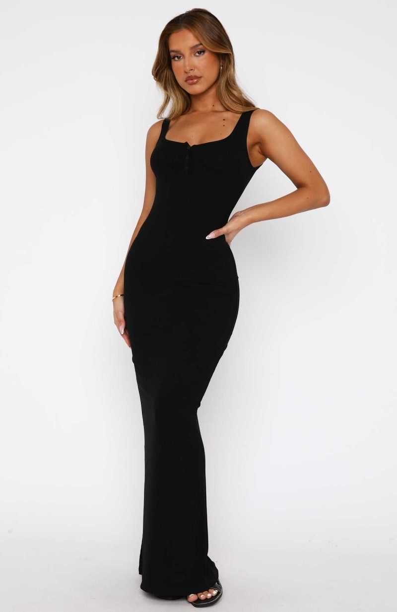 White Fox Living Comfy Maxi Dress Black | CBSLZF-639