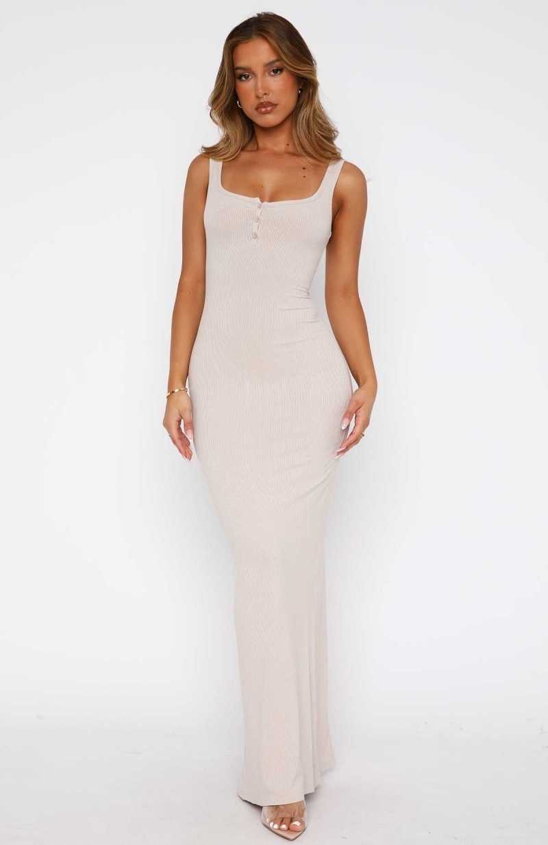 White Fox Living Comfy Maxi Dress Stone | VEUPBT-062