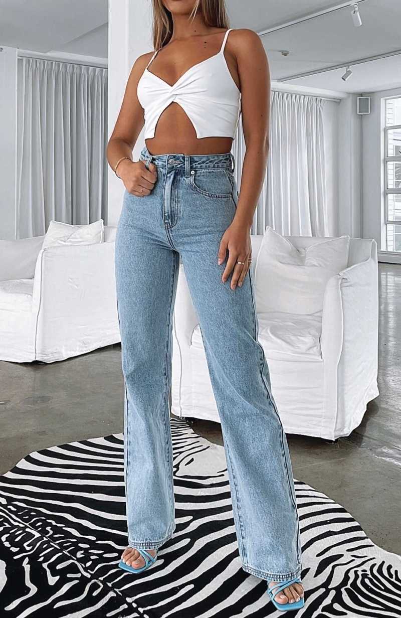 White Fox Long Way To Go High Rise Straight Leg Jeans Washed Blue | QZVEAU-394