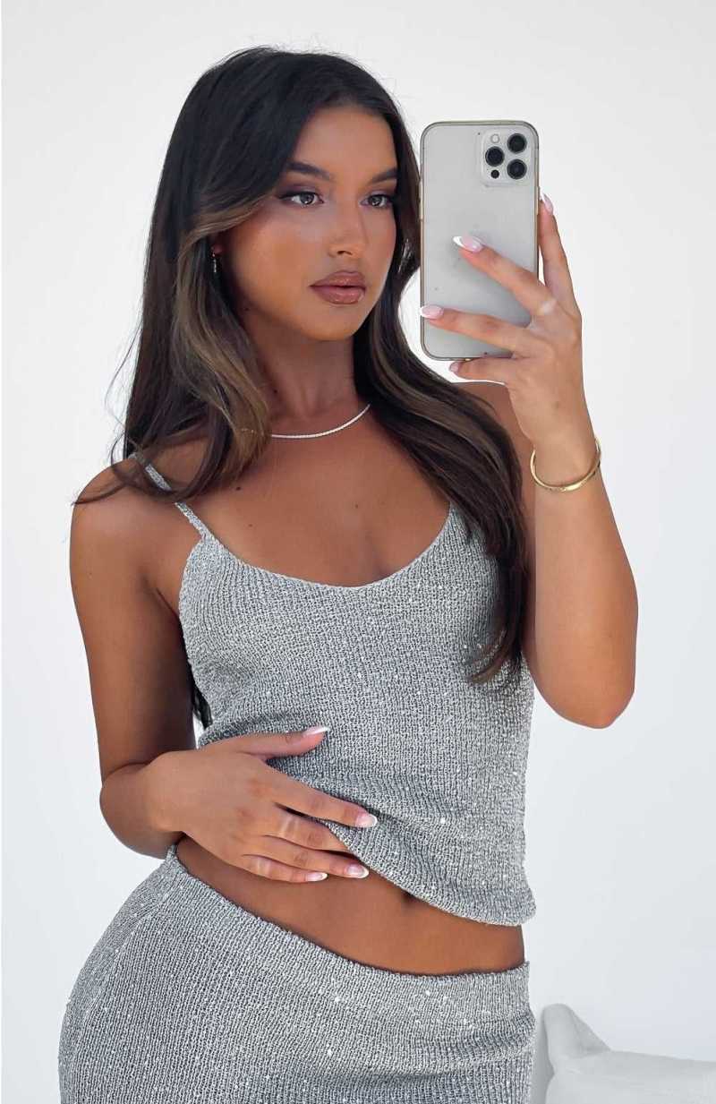 White Fox Love Galore Sequin Knit Top Grey | JUMYAH-465