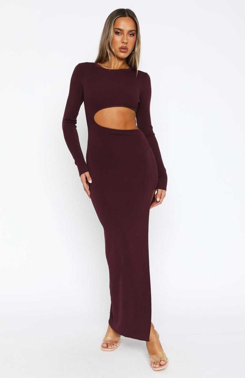 White Fox Love Me Again Long Sleeve Maxi Dress Dark Burgundy | QYHNAZ-365