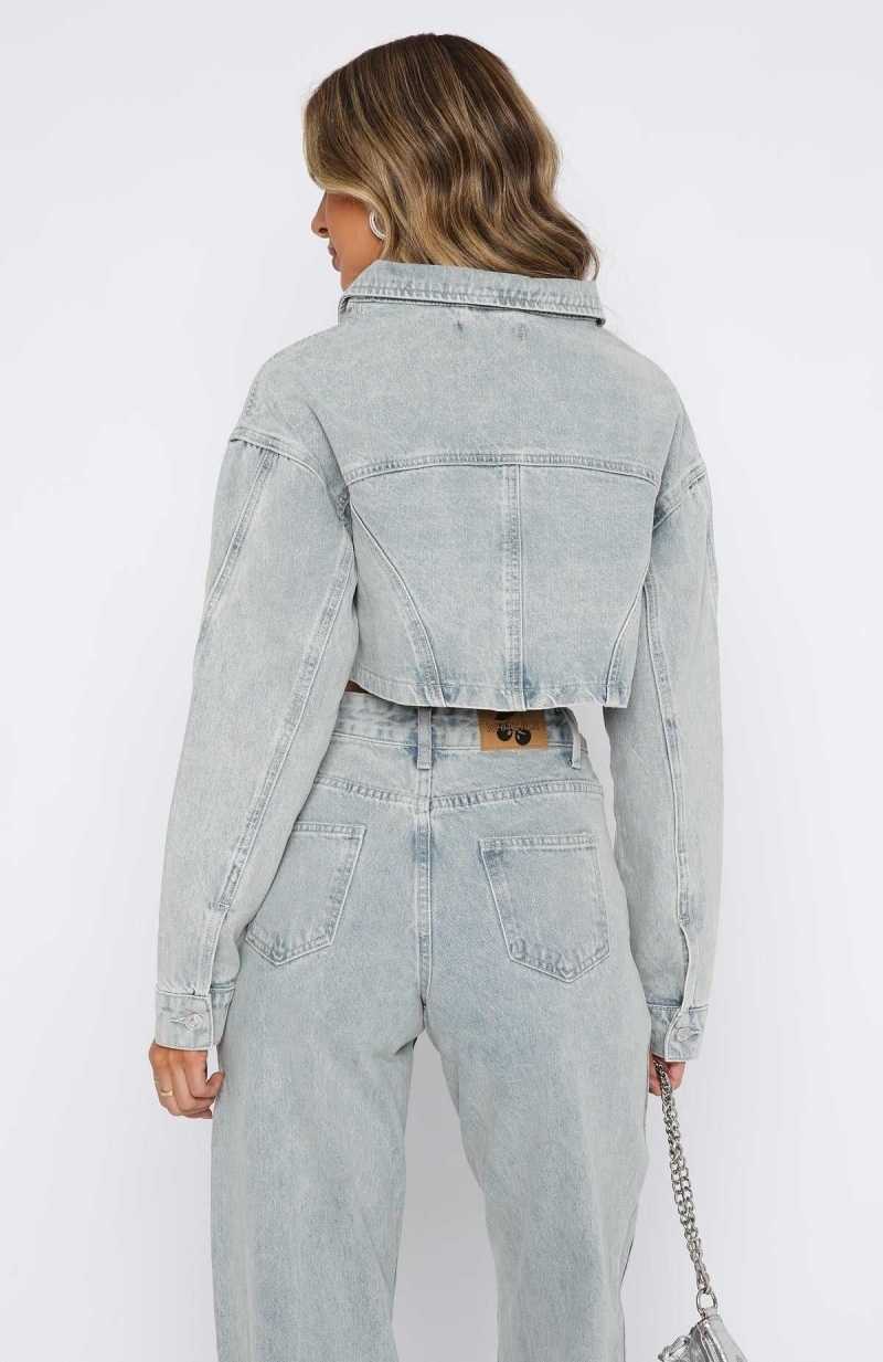 White Fox Love You Again Denim Jacket Light Blue Acid Wash | MYEGAJ-027