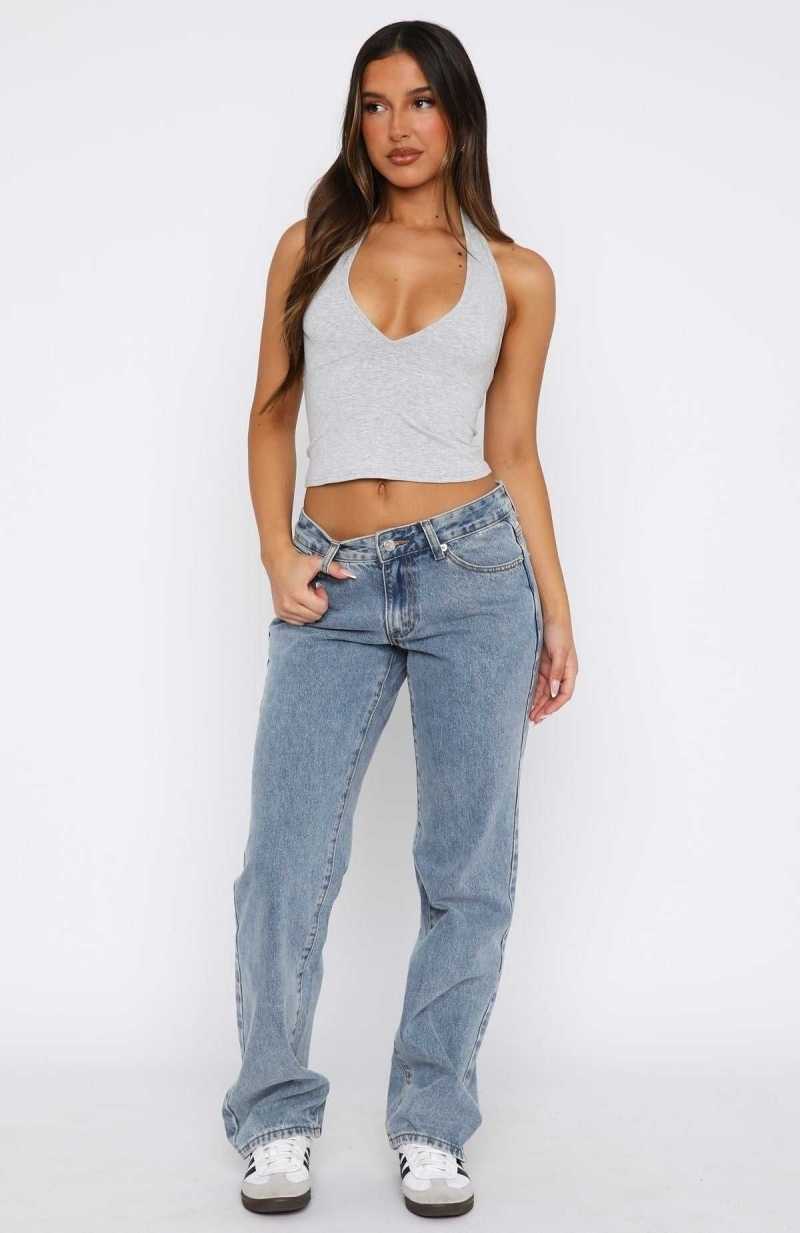 White Fox Lucy Low Rise Straight Leg Jeans Mid Blue | JIFBZK-850