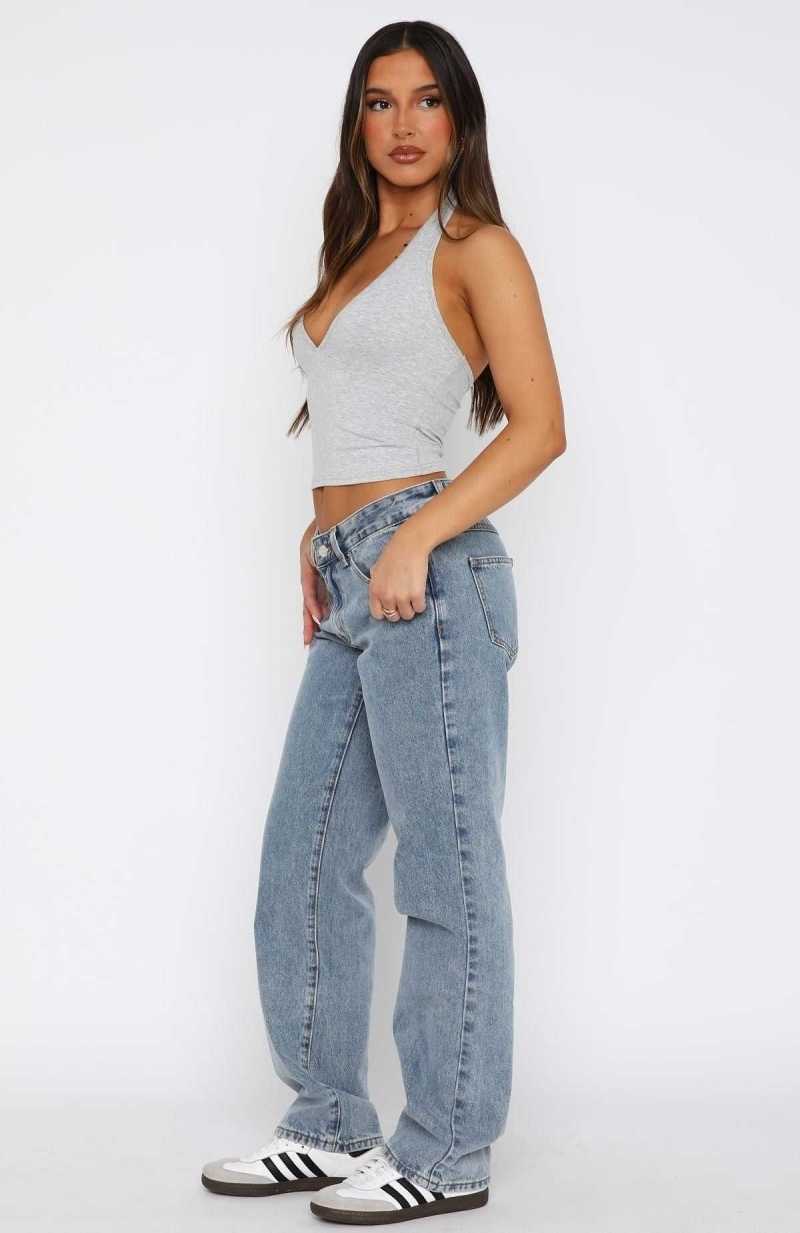 White Fox Lucy Low Rise Straight Leg Jeans Mid Blue | JIFBZK-850