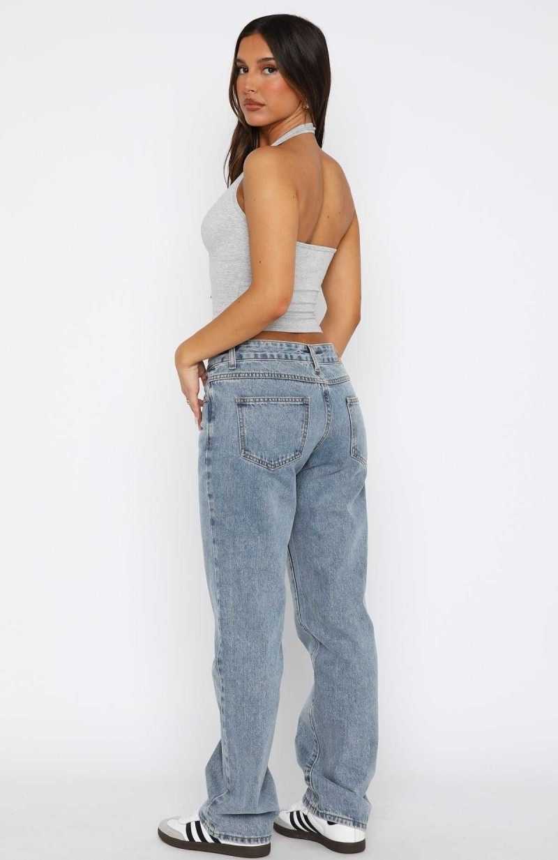 White Fox Lucy Low Rise Straight Leg Jeans Mid Blue | JIFBZK-850