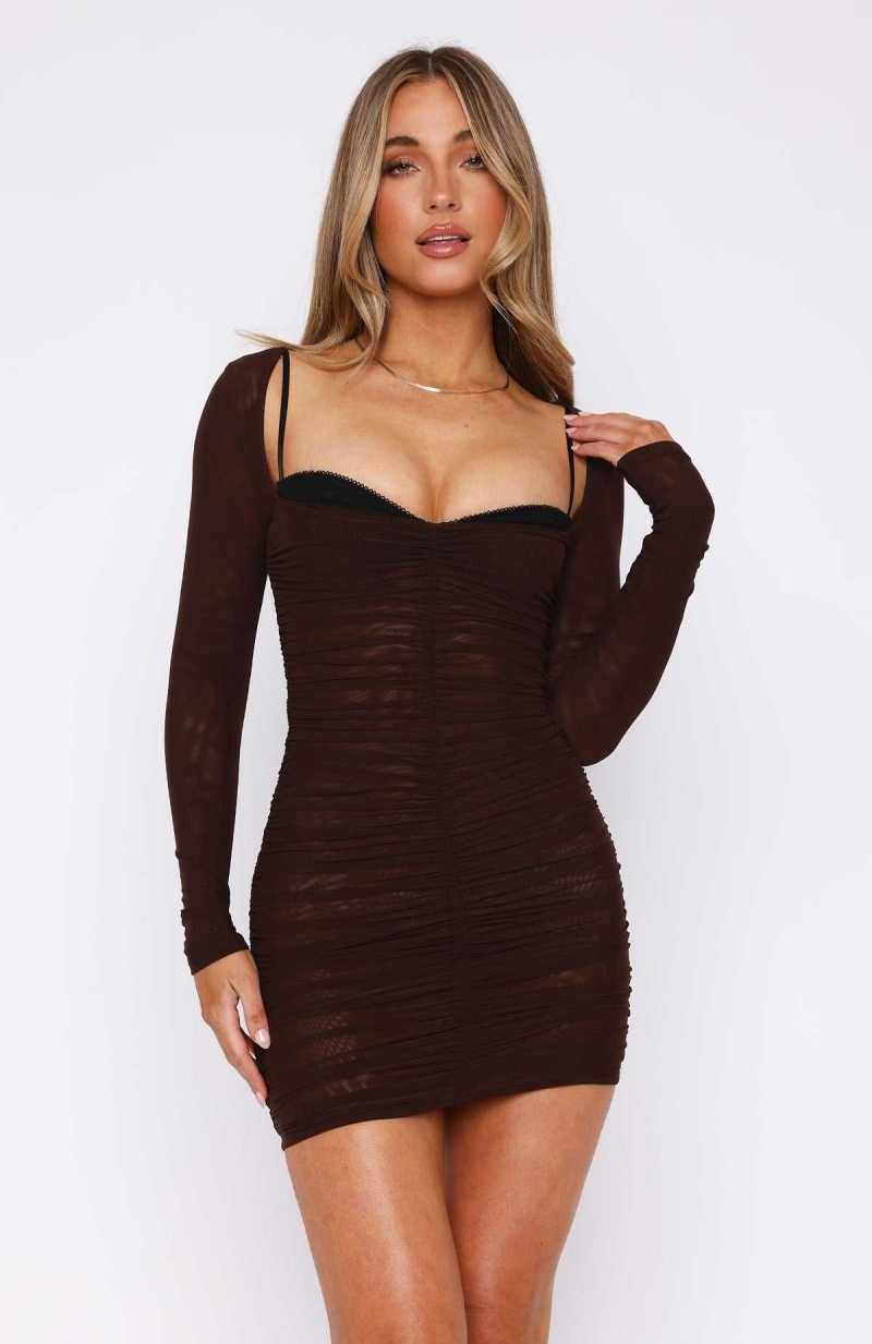 White Fox Make A Change Long Sleeve Mini Dress Chocolate | HQCRDV-125