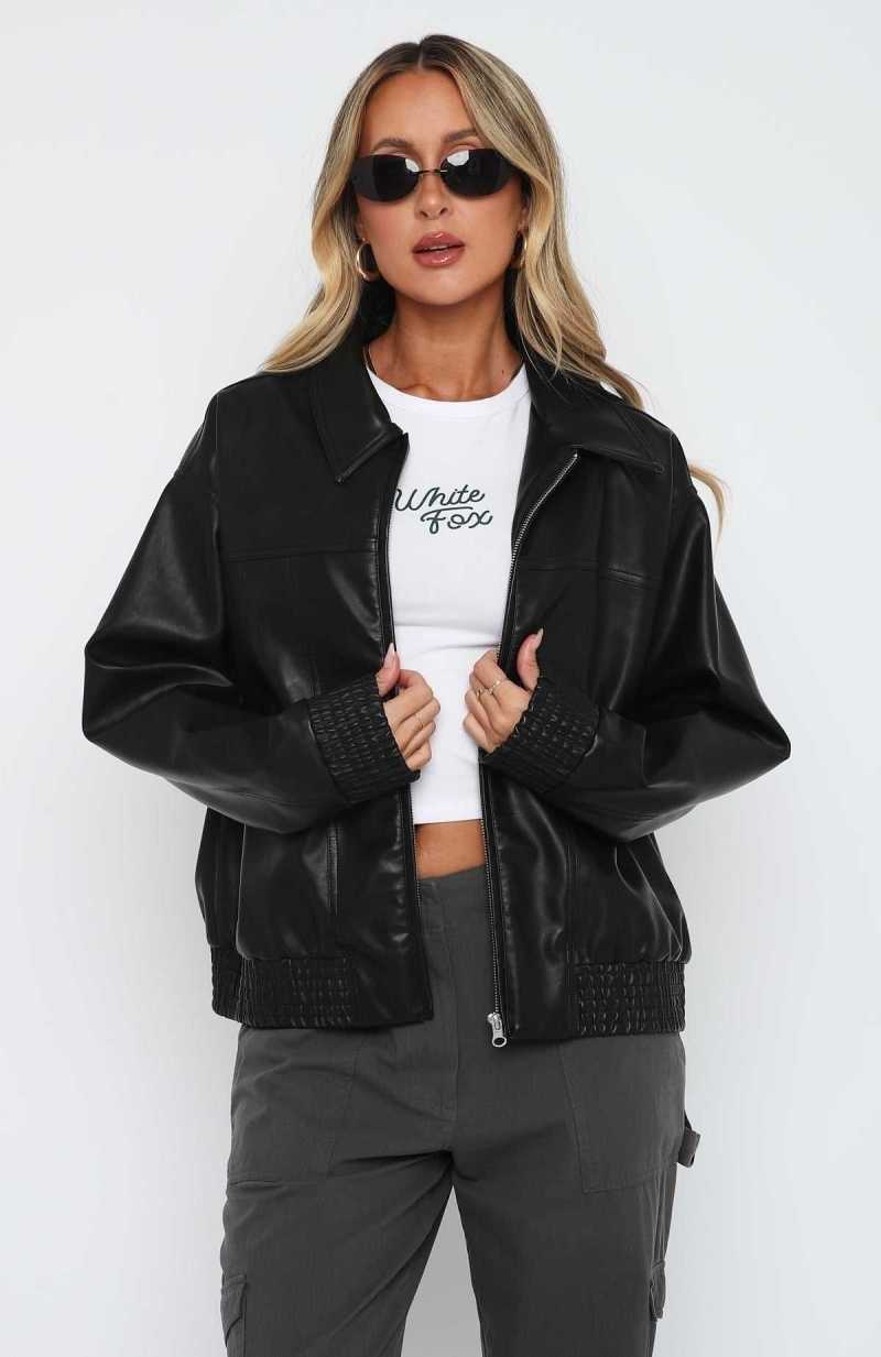 White Fox Make Things Right PU Bomber Jacket Black | MPRTFI-406