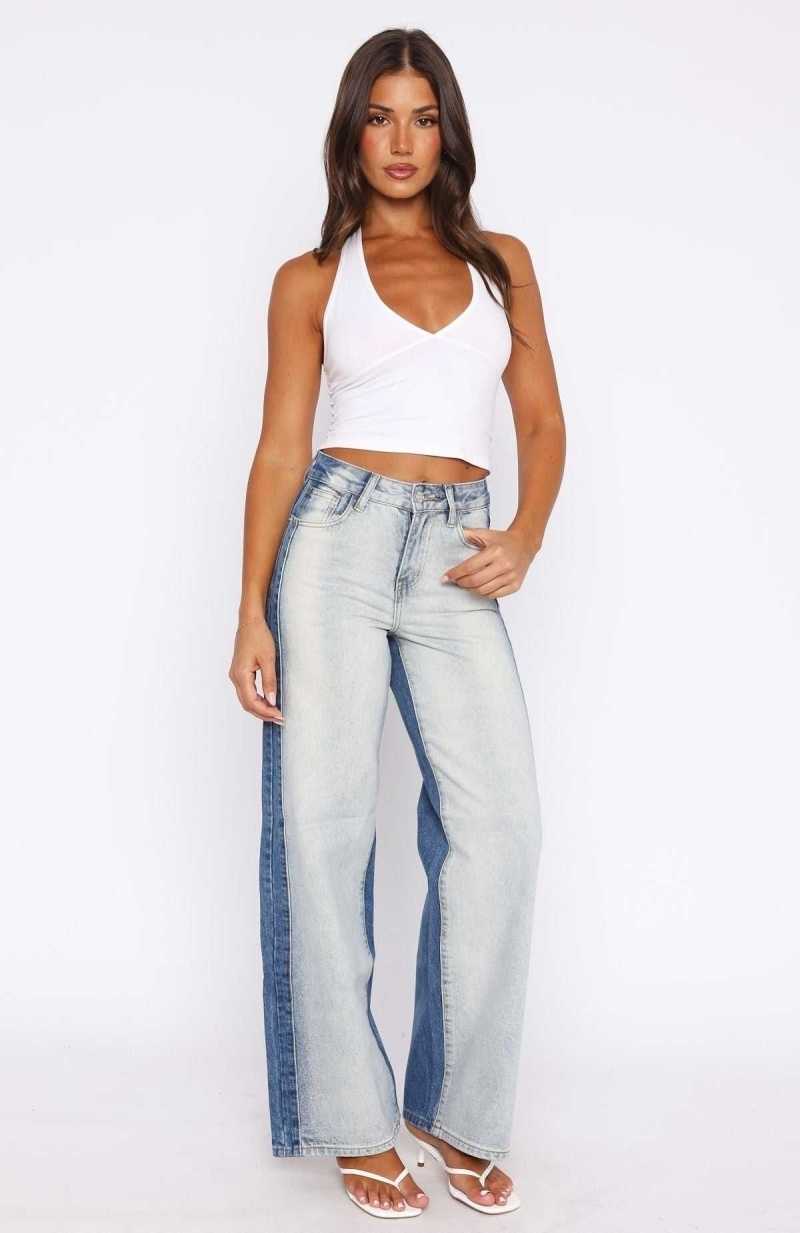 White Fox Maya High Rise Wide Leg Jeans Two Tone Blue | HGDKLI-389