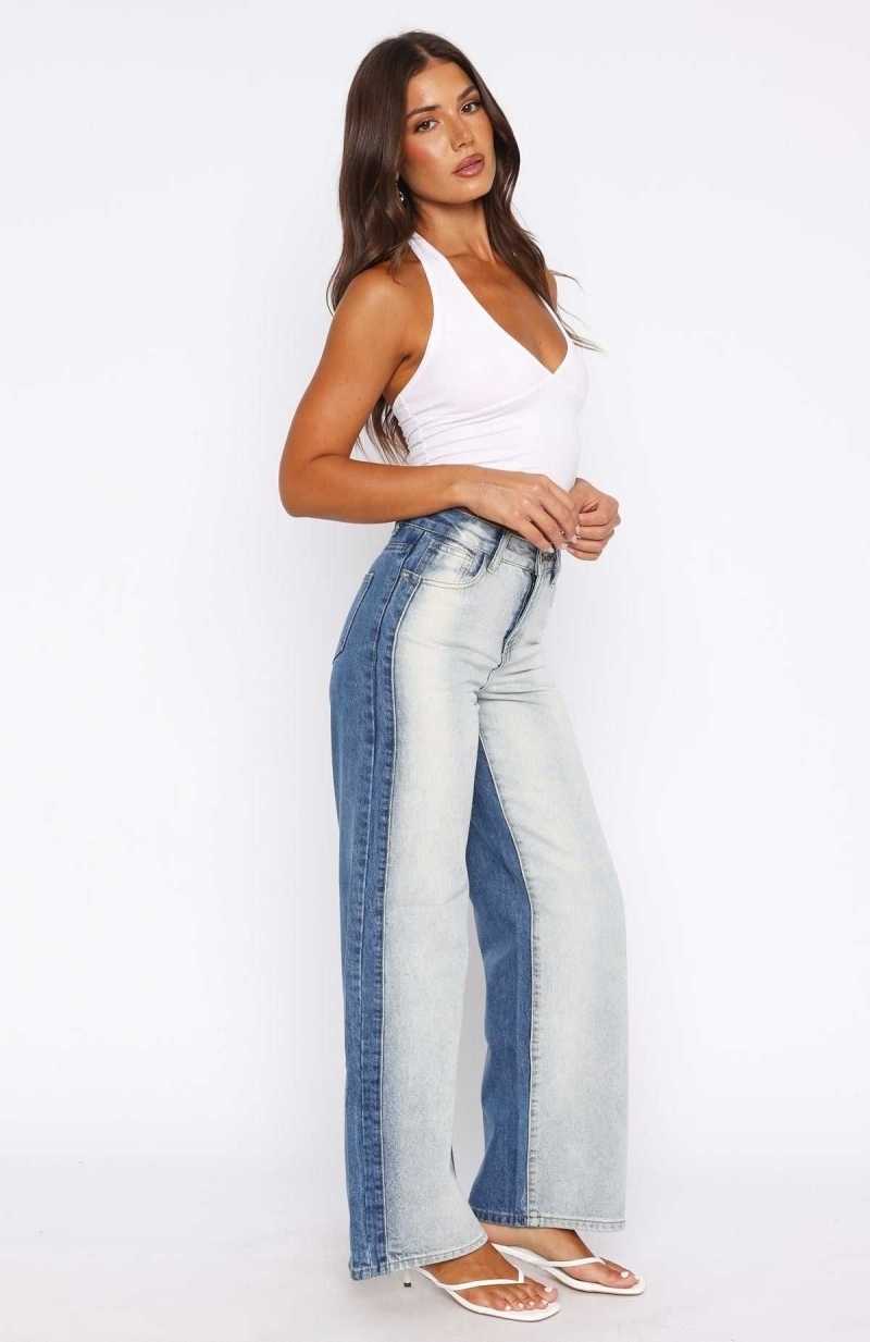 White Fox Maya High Rise Wide Leg Jeans Two Tone Blue | HGDKLI-389