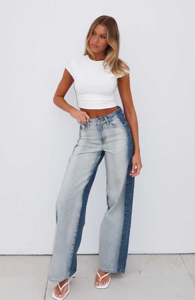 White Fox Maya High Rise Wide Leg Jeans Two Tone Blue | HGDKLI-389