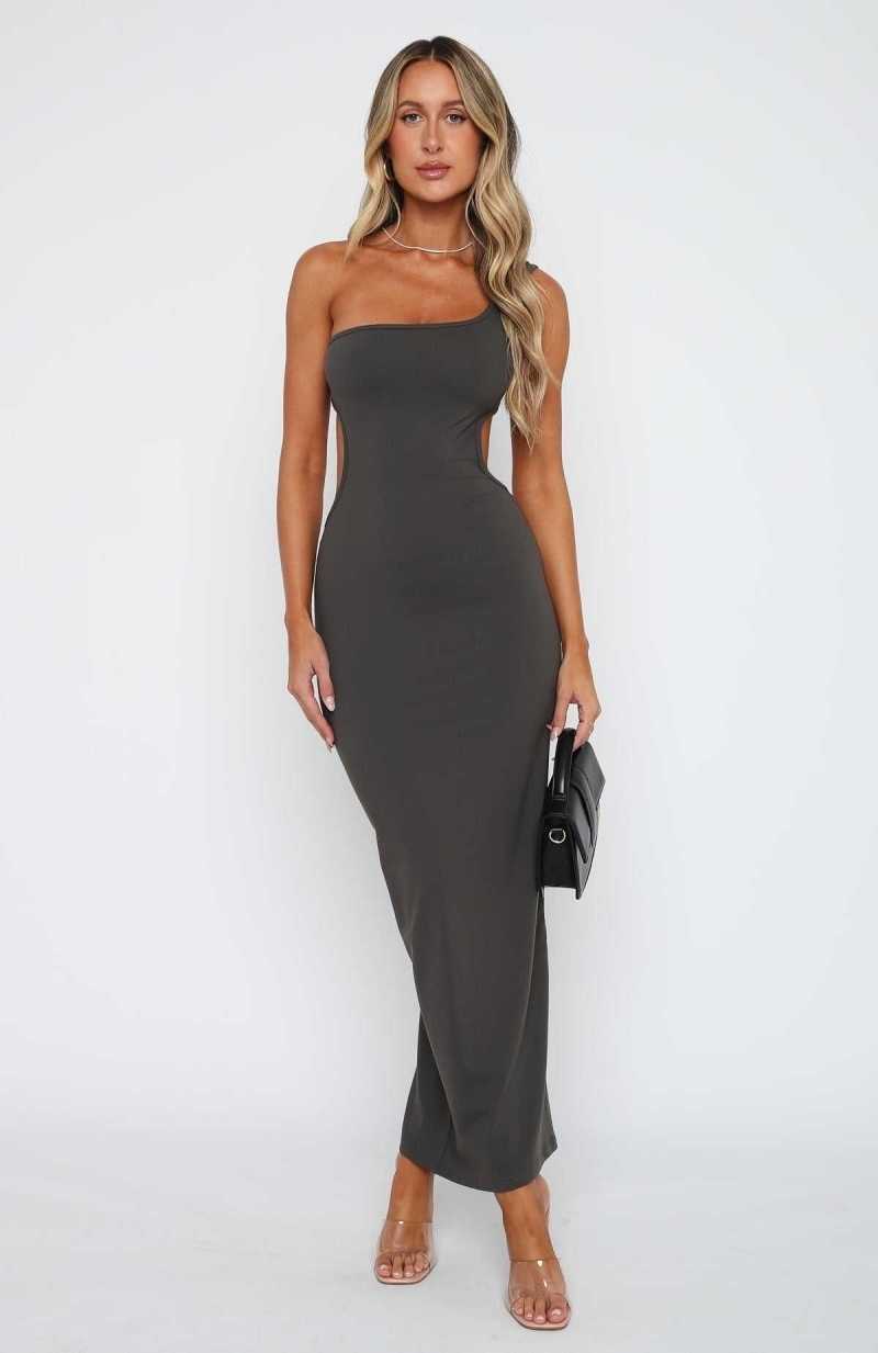 White Fox Midnight Dancing One Shoulder Maxi Dress Charcoal | MKWJDI-568