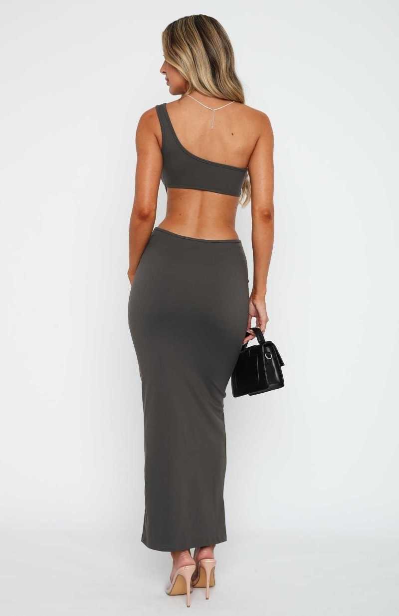 White Fox Midnight Dancing One Shoulder Maxi Dress Charcoal | MKWJDI-568