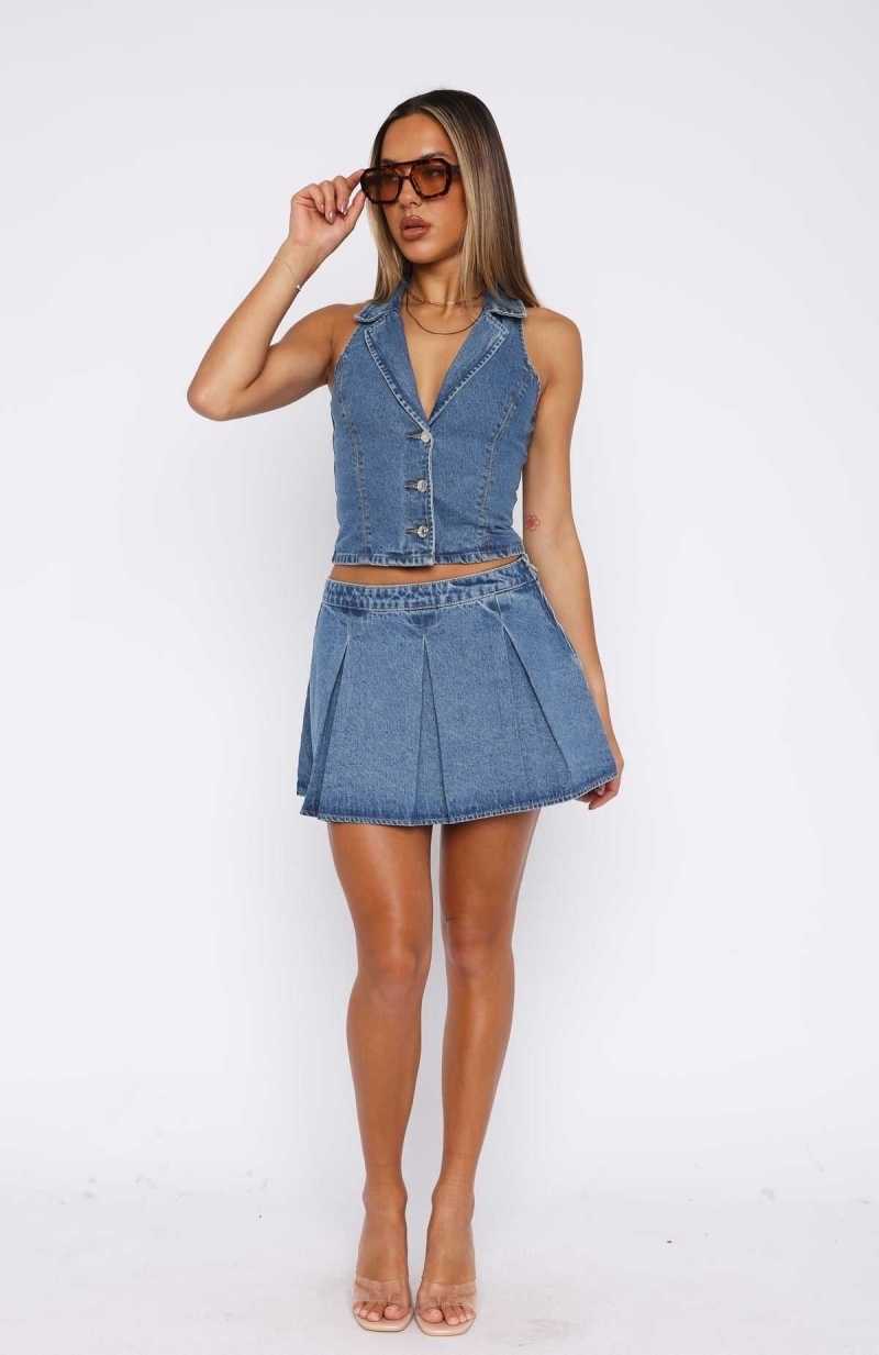 White Fox Midnight Whispers Denim Mini Skirt Mid Blue | XCINUY-452