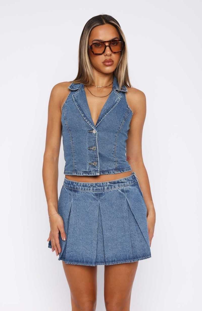 White Fox Midnight Whispers Denim Vest Mid Blue | PVFKGZ-384