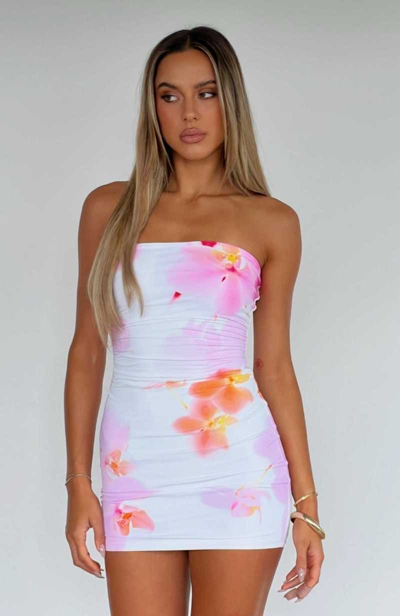 White Fox Mind Games Strapless Mini Dress Blossoming Orchids | YCOZMS-628