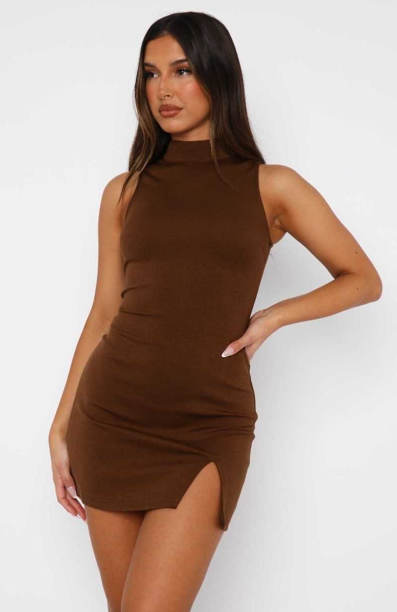 White Fox Never Felt Alone High Neck Mini Dress Chocolate | LECOYQ-297