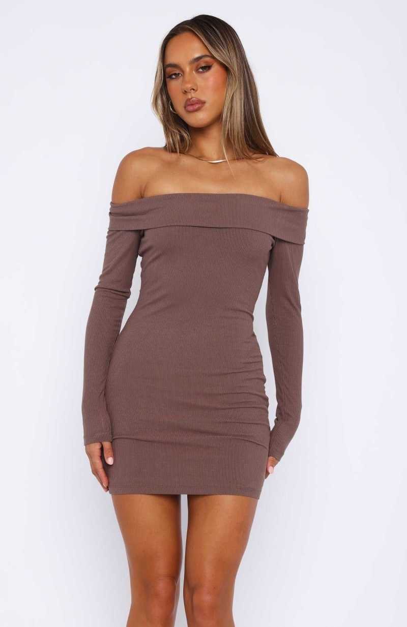 White Fox Nice And Clear Long Sleeve Ribbed Mini Dress Chocolate | MQJBFS-079