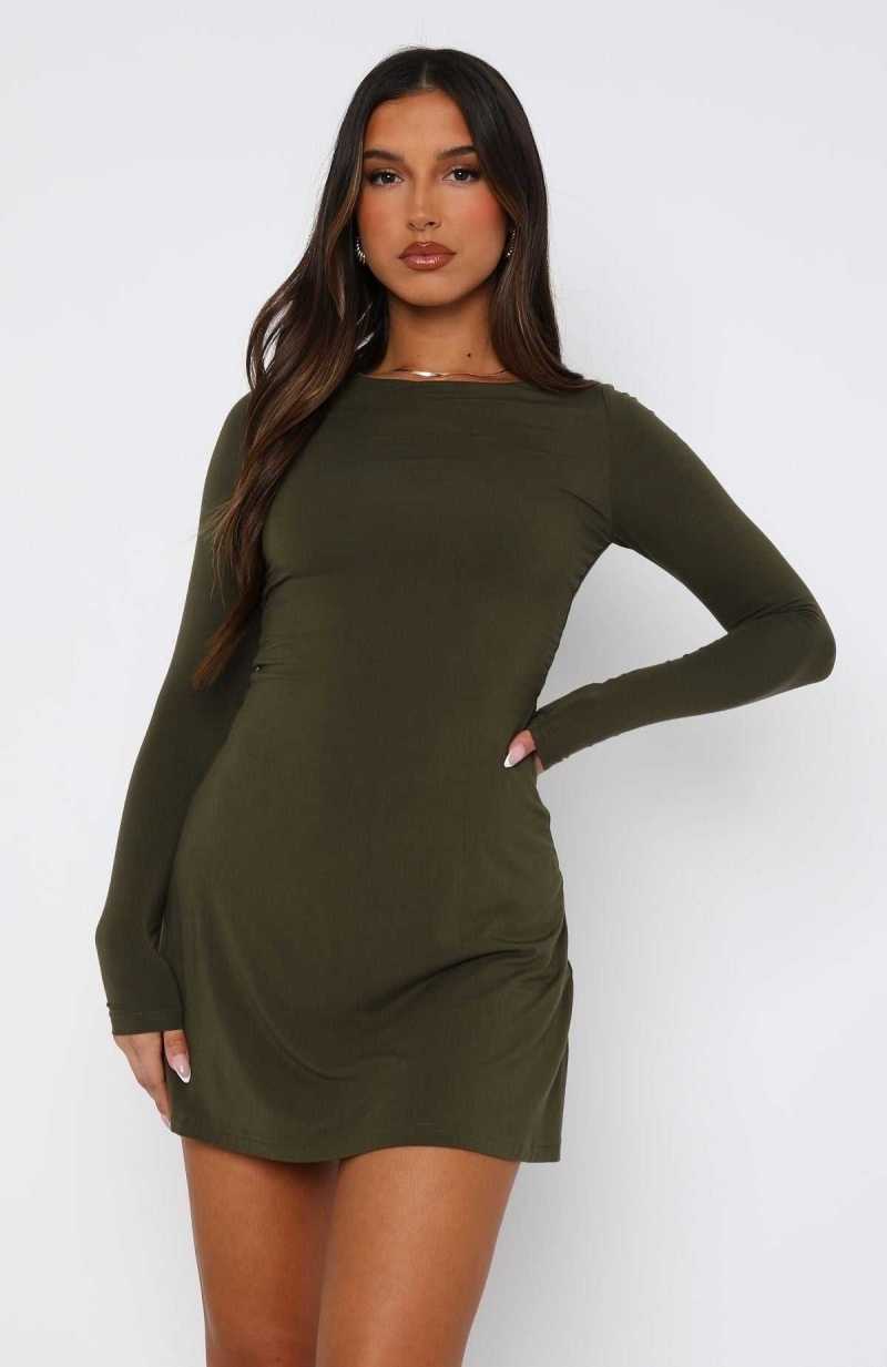 White Fox Not The Same Long Sleeve Mini Dress Olive | XEICJD-319