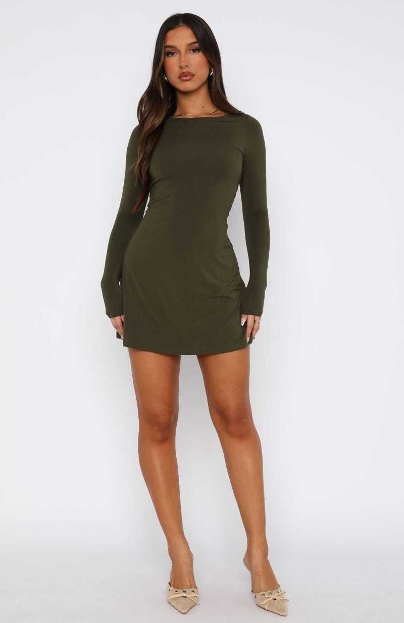 White Fox Not The Same Long Sleeve Mini Dress Olive | XEICJD-319