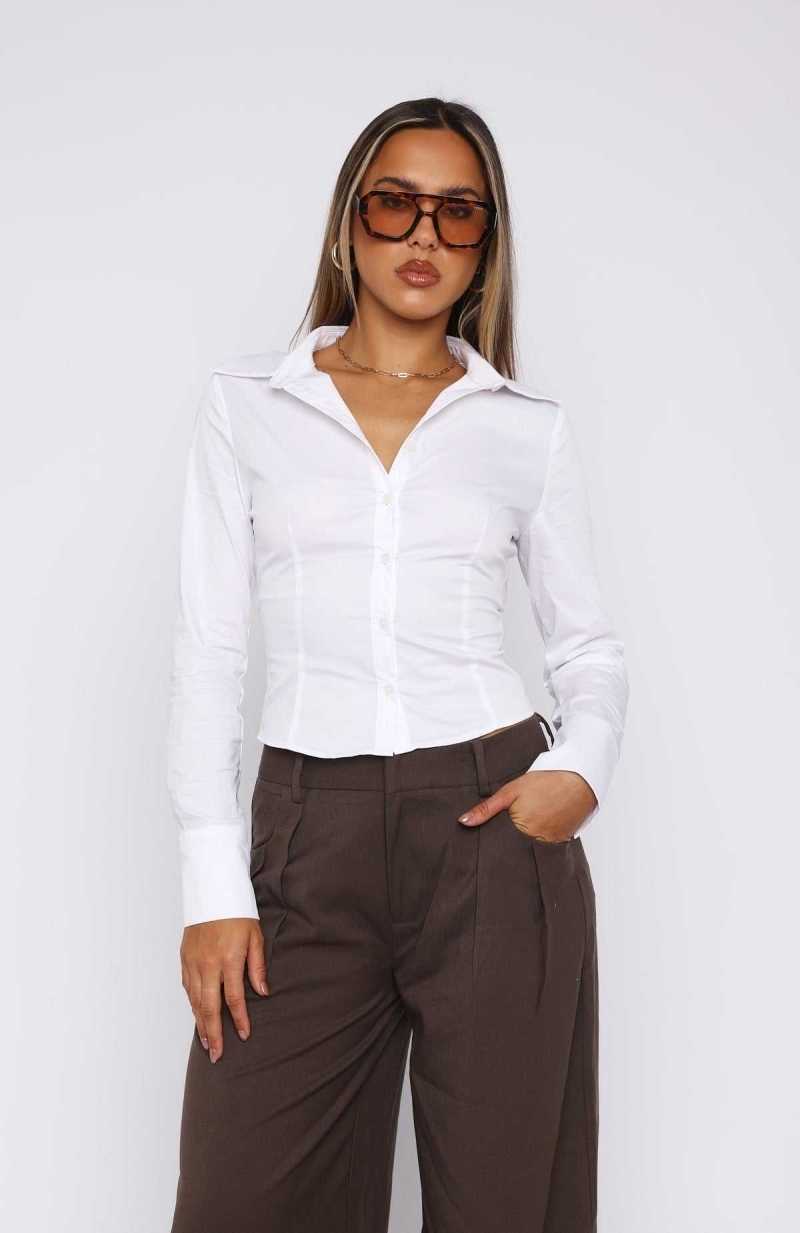 White Fox Office Siren Long Sleeve Shirt White | WZMKRB-158